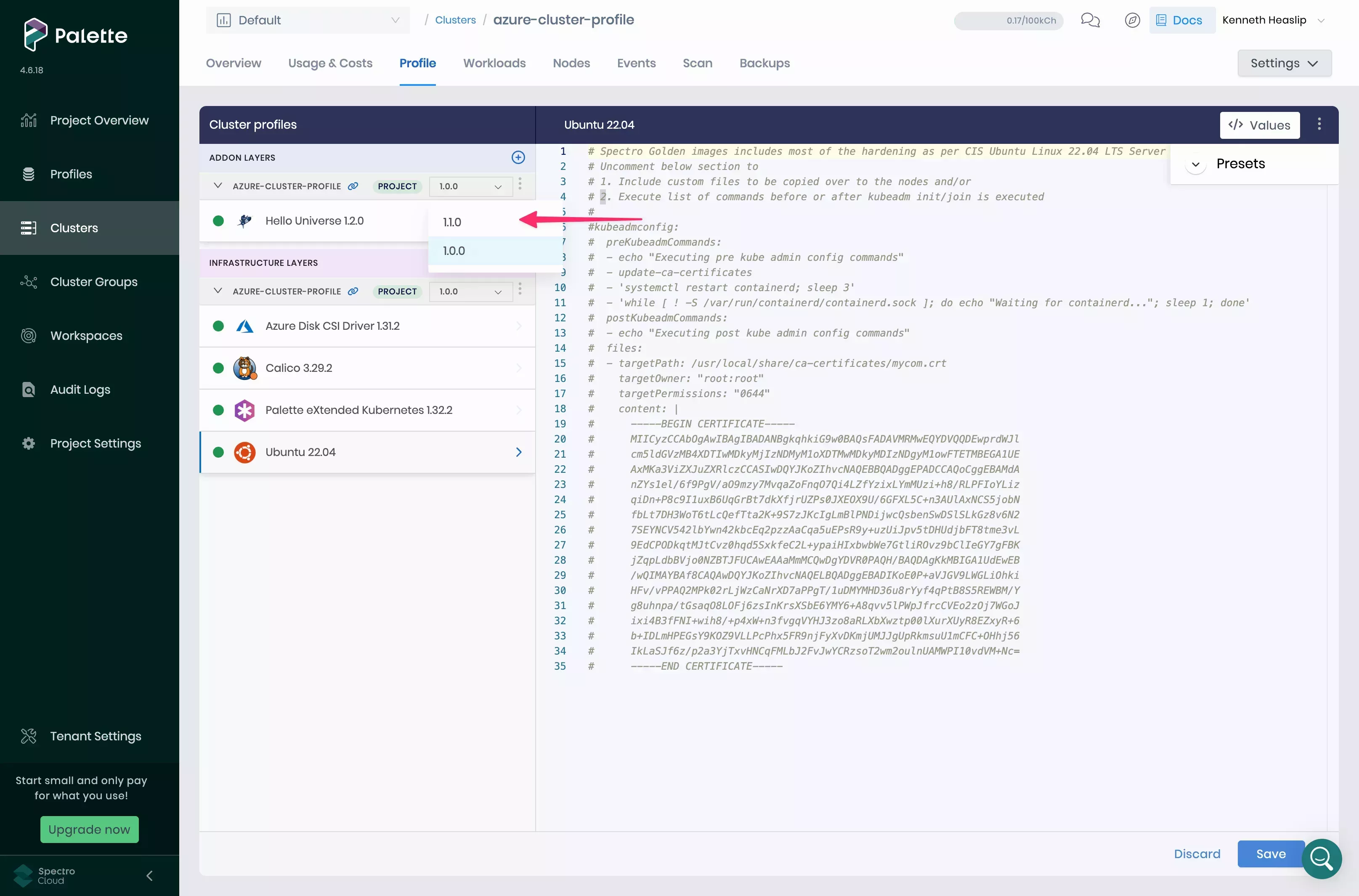 Image that shows how to select a new profile version for the cluster