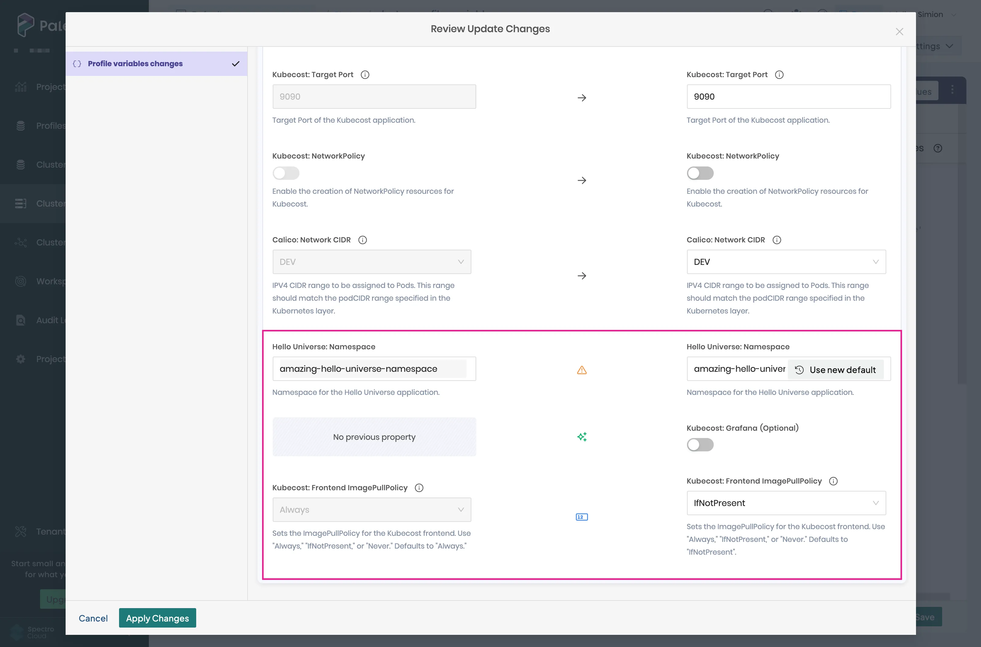Reviewing profile variable changes using the Change Summary Process