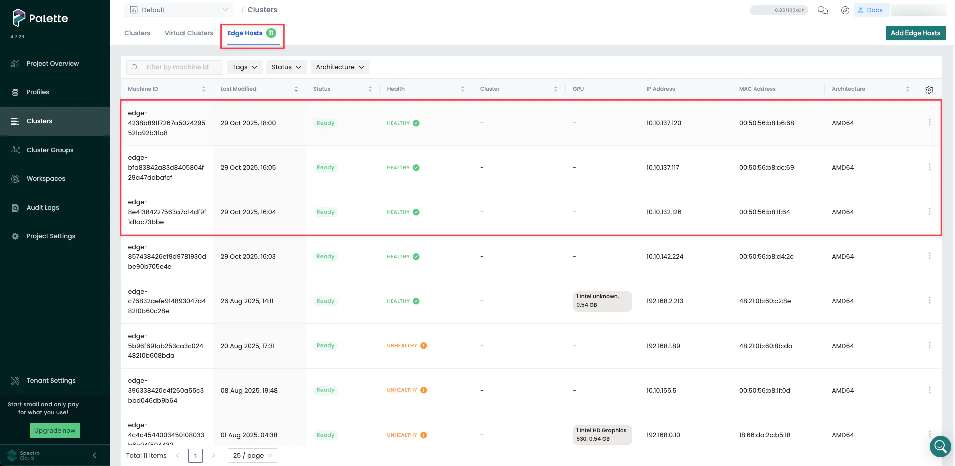 A screenshot showing the VMs automatically registered with Palette. 